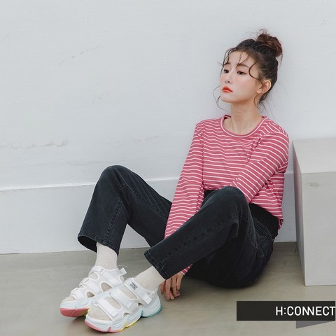 H:CONNECT 韓國品牌 女裝 -條紋圓領合身上衣-粉